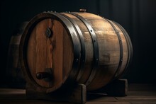 Vintage Isolated Wooden Barrel For Wine Or Beer Storage, With Metal And Rusty Accents. Traditional Antique Cask Container. Generative AI