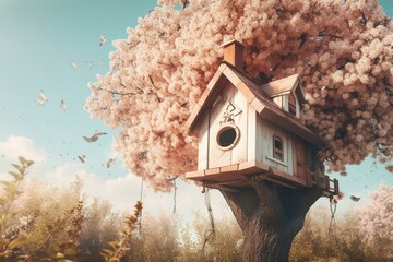 Spring tree birdhouse ad banner template with space. Generative AI