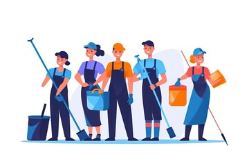 illustration of professional cleaning team in uniform with cleaning supplies on white background