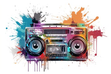 Poster - retro tape recorder with paint splatter isolated on white background. Generated by AI.