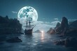 Illustration of mythical landscape with moon and boat. Generative AI