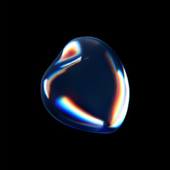 Wall Mural - 3d glass liquid abstract, fluid shape with holographic effect isolated on black background. Render of transparent glass circle liquid object, soap water bubble with reflection. 3d vector illustration