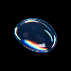 Wall Mural - 3d glass liquid abstract, fluid shape with holographic effect isolated on black background. Render of transparent glass circle liquid object, soap water bubble with reflection. 3d vector illustration
