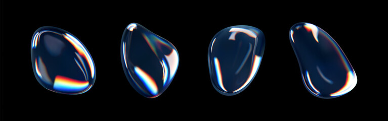Wall Mural - 3d glass liquid abstract, fluid shape with holographic effect isolated on black background. Render of transparent glass circle liquid object, soap water bubble with reflection. 3d vector illustration