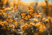 Bright Monarchs On Vibrant Yellow Flowers. Blossoms And Butterflies In Golden Hues. Generative AI