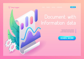 Aufkleber - 3D Isometric, cartoon. Paper document with information data, graphs and diagrams. Trending Landing Page