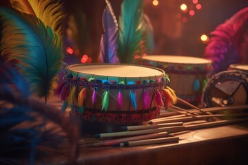 Colorful Brazilian carnival celebration with 3D instruments: pandeiro drum and feather decorations. Generative AI