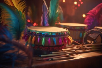 colorful brazilian carnival celebration with 3d instruments: pandeiro drum and feather decorations. 