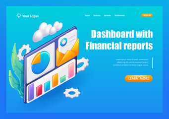 Aufkleber - 3D Isometric, cartoon. New email with reports. Data analytics, dashboard and business finance report. Trending Landing Page