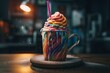 A cup of ice cream with a rainbow swirl and a straw sticking out. Generative AI