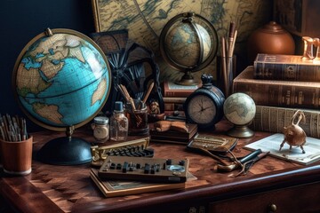 Travel-themed creative business desk with maps, globes, and travel souvenirs, symbolizing a global perspective and a passion for exploration and cultural diversity