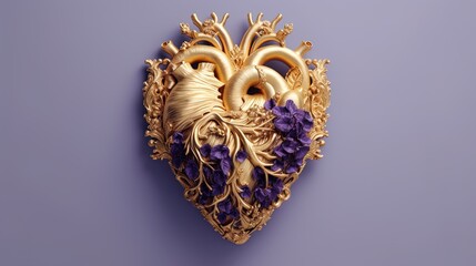 Wall Mural - Golden intricate heart on purple, card with gold heart, luxury card. Generative AI