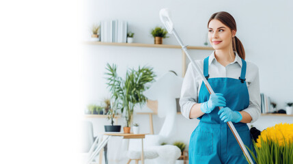 cleaner lady wearing an apron and gloves, holding mop and smiling while working in modern apartment