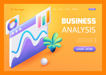 Poster - 3D Isometric, cartoon. Chart is an indicator of the growth and fall of stocks, securities, gold, currency. Concept of business analysis. Trending Landing Page