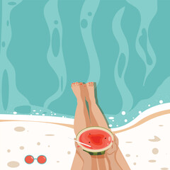 Summer! Vector illustration of sunny cards, tanned woman with watermelon by the sand beach and sea and a sunglass on her side. Drawings for background, poster, banner, card and cover.