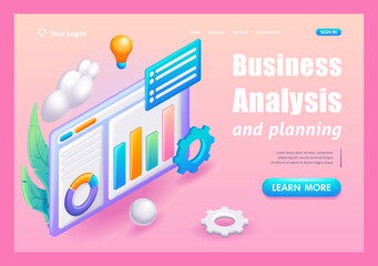Poster - 3D Isometric, cartoon. Business analysis and planning, consulting, project management, financial report and strategy concept. Trending Landing Page