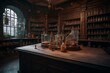 Medieval scientist's lab with alchemist cabinet. Generative AI
