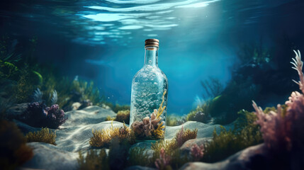 A transparent bottle closed with a lid stands underwater at the bottom, surrounded by corals, green plants and floating fish around under the sun's rays.