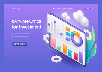 Aufkleber - 3D Isometric, cartoon. Data analytics, dashboard and business finance report. SEO screen concept for investment. Trending Landing Page