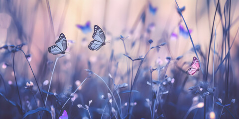 Wall Mural - Soft focus dreamy pastel color background with copy space, flowers and butterflies, presentation