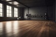 Contemporary gym setting with empty wall and timber flooring. Generative AI