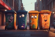 Illustration Of Garbage Bins Featuring Cartoonish Designs. Generative AI