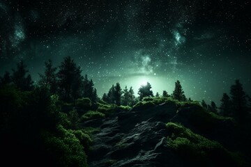 Night sky bright with green stars. Generative AI