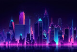 Fototapeta Miasto - Futuristic night city. Cityscape on a dark background with bright and glowing neon lights. panorama with modern buildings and skyscrapers. Cyberpunk and retro wave style, generative ai 
