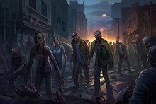 Group Of Zombies Walking Down A Street, Apocalypse, Generative Ai 