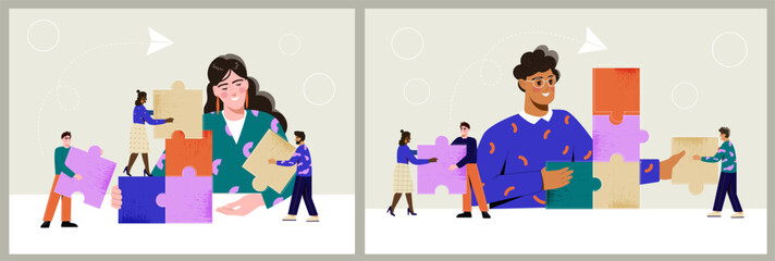 Poster - people connect puzzle. team of men and women working together. teamwork, idea, partnership, leadersh