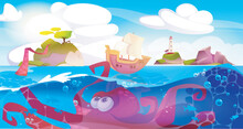 Kraken Attacks Ship. Huge Dangerous Octopus With Tentacles Underwater And Vessel With Sails. Sea Life, Mythology, Ocean. Marine Animal And Landscape With Lighthouse. Cartoon Flat Vector Illustration