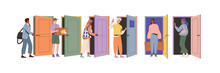 People Open Doors. Characters Come And Go Through Doorways And Entrances. Guests, Neighbors, Welcome Concept. Returning To Home And Office. Cartoon Flat Vector Collection Isolated On White Background