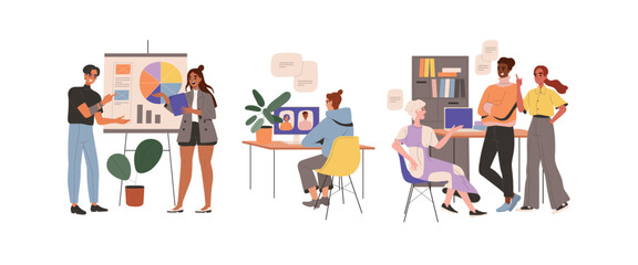Poster - Group of people in office. Employees discuss business strategy, projects and presentations. Colleagues communicate in workplace. Teamwork and partnership. Cartoon flat vector collection isolated