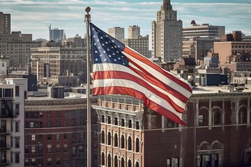 An American US flag flying from a flag pole with a city in the background. Daytime with natural light. Generative AI.