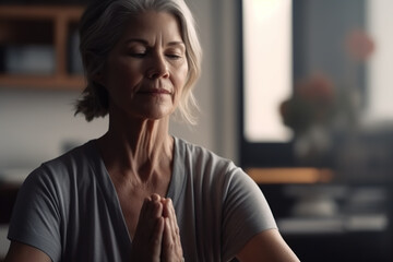 A woman sitting in a yoga position with her eyes closed. Generative AI. Mature woman meditating.