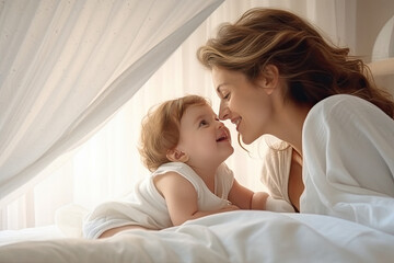 portrait of a smiling loving mother with a cute happy baby at home created with generative ai