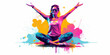 Rainbow silhouette of happy yoga girls. Contemporary art collage of young girl meditating, doing yoga. Concept of art, creativity, healthy lifestyle. International day of yoga. AI Generated