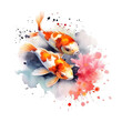 A painting of two koi fish and a pink flower. Generative AI.