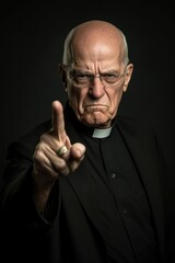 Older priest wagging finger in disapproval