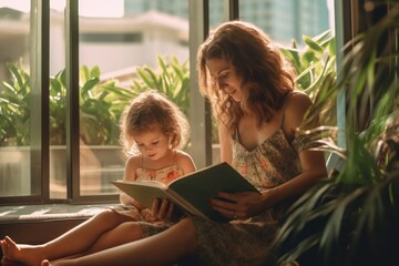 A mother engagingly reads a book to her children, her words igniting their imagination and eliciting joyful expressions in this candid moment, generative ai