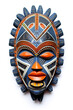 A wooden mask with a blue and orange face. Generative AI. African tribal mask.