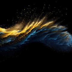 Blue and yellow colored sand wave flying on a black background dust in the air Generative AI