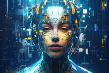 Ilustración Con Retrato De Un Robot Concepto De Inteligencia Artificial Femenina, Sobre Fondo Azul Con Datos De La Nube