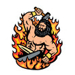 Mascot illustration of Hephaestus Greek god of forge and fire wielding a blacksmith hammer forging sword spear on anvil with fiery flames front view on isolated background done in retro cartoon style.