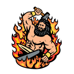 Wall Mural - Mascot illustration of Hephaestus Greek god of forge and fire wielding a blacksmith hammer forging sword spear on anvil with fiery flames front view on isolated background done in retro cartoon style.