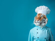 An anthropomorphic tiger dressed as a chef with a hyper-realistic hat, the chef is shown proudly in his uniform, sophistication haute cuisine with the tenderness of a feline, copy space, Generative AI