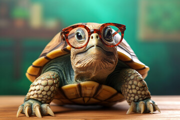 A wise turtle of advanced age wearing glasses. Generative AI 