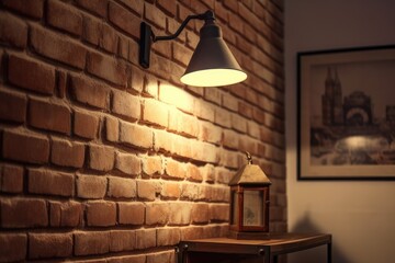 Wall Mural - Indoor brick wall corner with mounted lamp and pleasant, warm light in the background. copy space for display of art posters or other exhibits in an. Generative AI