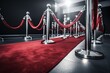 Red carpet & silver barriers with red cords on white background, no one around. Implies prestige, exclusivity & fame. Generative AI