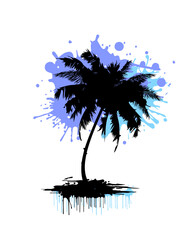 Silhouette of a palm tree and blots. Graffiti style. Vector illustration